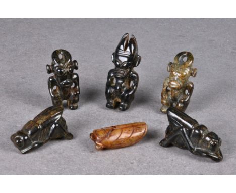 A group of six Chinese jade and hardstone carvings, 20th century, including a cicada, two flies and three Neolithic Hongshan 