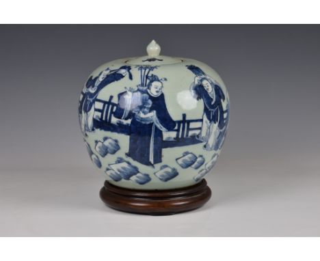 A Chinese porcelain celadon ground blue and white jar and cover, probably Guangxu period (1875-1908), of flattened globular f