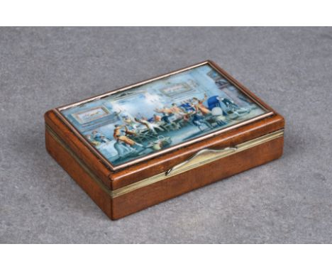 A George IV burr wood &amp; silver gilt pictorial snuff box, John Linnit, London, 1820, of rectangular form, the hinged cover