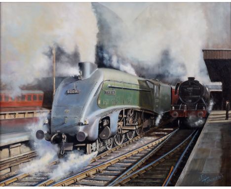 Joe Townend, (British b. 1946), LNER A4 Class Locomotive ‘Silver Link’ 60014 with a Class A3 Engine 60103. oil on canvas, sig