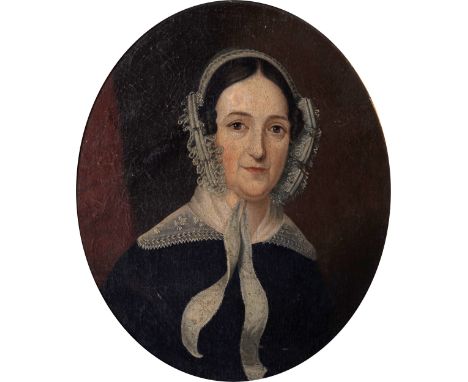 Naive School (British, 19th century), Portrait of a lady. oval, oil on canvas, laid onto board, later gold painted frame. 21 