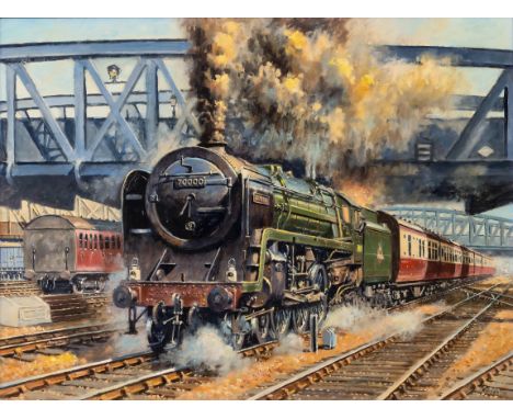 Robert Nixon (British, b. 1955), ‘A’ 7MT Class Steam Engine 70000. oil on board, signed lower right, “Nixon "04”, framed. 17½
