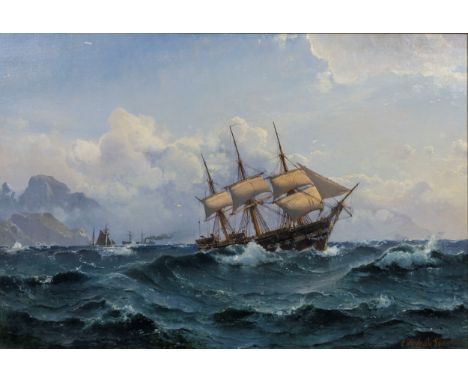 Carl Frederik Sorensen (Danish, 1818-1879), A gunship and other shipping off the coast. oil on canvas, signed lower right, in