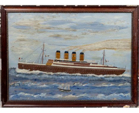 T. W. Brouard (Guernsey, early 20th century), Two naive style paintings of the White Star Line ocean liners RMS Titanic and R