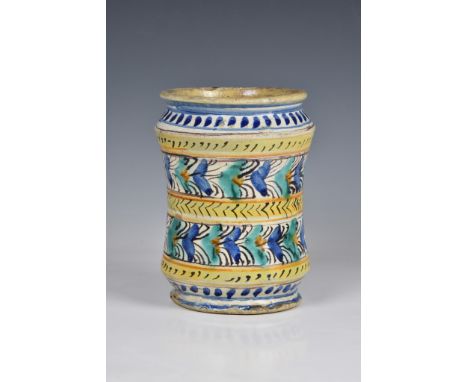 An Italian maiolica polychrome albarello, 17th / 18th century, of slightly waisted form with flared neck and foot, painted wi