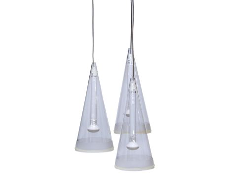 A 'First Light'  Bistro style ceiling light, with three clear glass conical shades, adjustable drop, each shade measuring 14¼