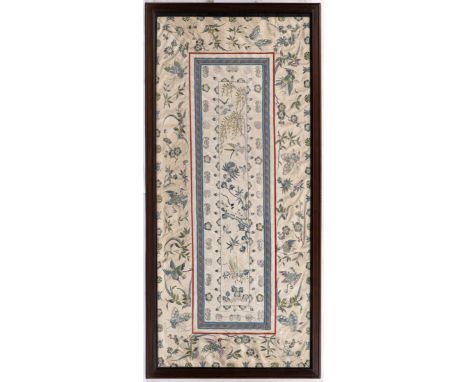 Two Chinese emboidered silk sleeve panels, both 20th century, one with a cricket, cat and a pair of birds amidst flowers and 