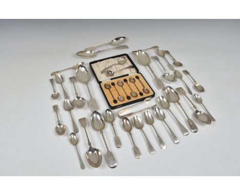 A collection of various silver flatware, to include A bright cut fiddle pattern table spoon by Josiah Williams &amp; Co, Exet