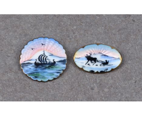 Two Norwegian silver and guilloche enamel brooches, by Ivar T. Holth, 1950s, one circular with scalloped edge, with a Viking 