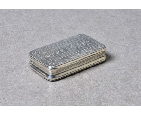 A George III silver snuff box, Matthew Linwood, Birmingham, 1809, of rectangular form with rounded corners, engraved with fol