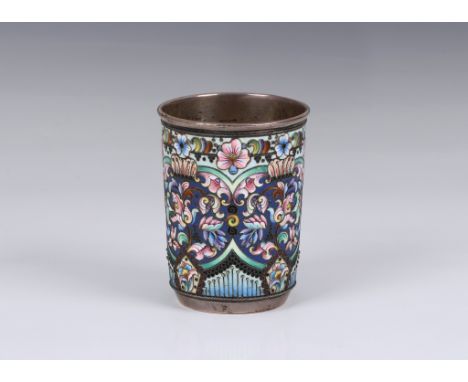 A 19th century Russian silver and cloisonné enamel hand decorated beaker (charka), of slightly tapered cylinder form, decorat