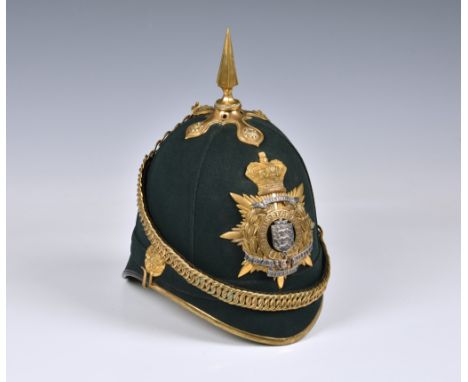 A 3rd Royal Guernsey Militia Victorian Officer's Green Cloth Home Service Helmet, the green cloth covered skull with gilt fit