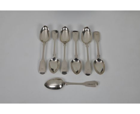 A harlequin set of seven 19th century fiddle pattern dessert spoons, comprising four by William Eaton, London 1836, 7in. (17.