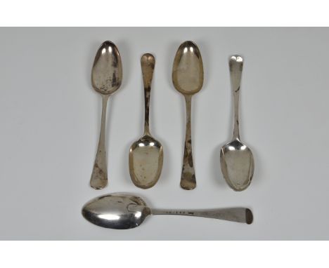 A group of five Georgian silver Hanoverian pattern table spoons, to include a George II example by Ebenezer Coker &amp; Thoma