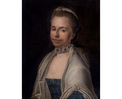 Circle of Henry Pickering (British, fl.1740-1771), Portrait of a Woman in a Blue Dress. oil on canvas. Frame with plaque with