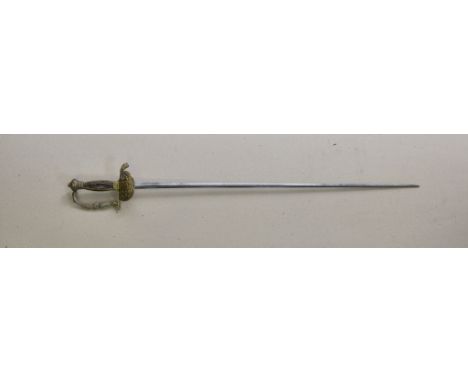 A Dutch Court Sword, with brass decorated hilt, wooden inset handle, the guard with coat of arms of the Netherlands (JE MAINT