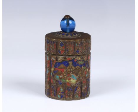 A Chinese enamelled brass lidded box, probably late 19th / early 20th century, marked 'China' to base, cylindrical with faux 