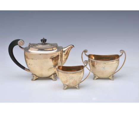 An Art Deco style silver three piece tea service, James Dixon &amp; Sons Ltd, Sheffield, 1946/47, comprising of teapot, milk 