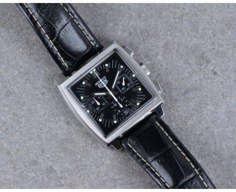 A TAG Heuer Monaco stainless steel chronograph automatic wrist watch, ref. CS2111, serial no. 59007986, square black dial wit