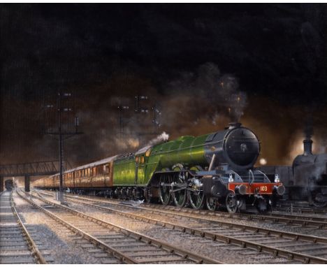 E Bolton (20th century), “Flying Scotsman at Wortley Junction”. oil on canvas board, signed lower right and dated 1999, label