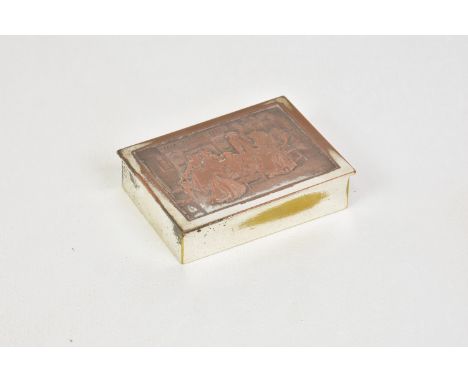 A 19th century silver plate on copper snuff box, with raised decoration of figures in a 17th century interior, with engraved 