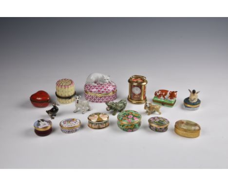 A group of enamel and porcelain trinket boxes, including Halcyon Days, Crummles and Limoges, including a Herend style large p