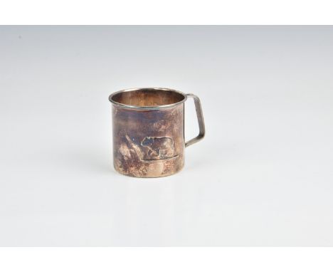 A Norwegian silver child's mug by David Andersen, of typical form with angular handle and decorated with repoussé bear to one
