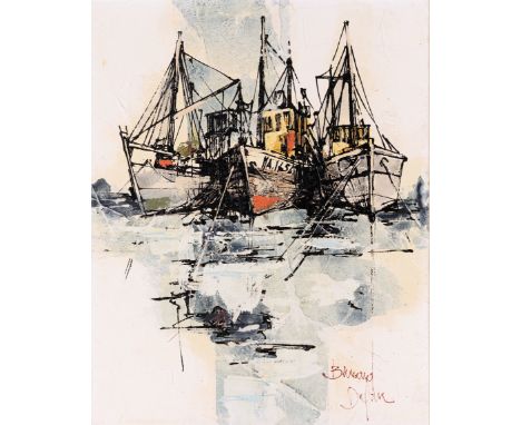 Bernard Dufour (French, 1922-2016), Three Fishing Boats. ink and oil on board, signed lower right, framed. 17 x 13½in. (43.2 