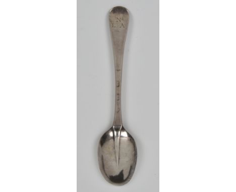 A George II Hanoverian pattern silver table spoon, mid-18th century, London, maker &amp; date marks rubbed, rat tail bowl, en