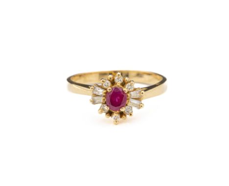 A ruby and diamond cluster ring, set with an oval-cut ruby weighing approx. 0.40ct, framed by a surround of brilliant and bag