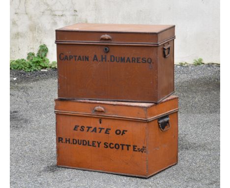 A large vintage, faux-grained tin deed box, with “John Coutanche” painted to the front, 20 1/8 x 13½ x 13in. (51.0 x 44.5 x 3