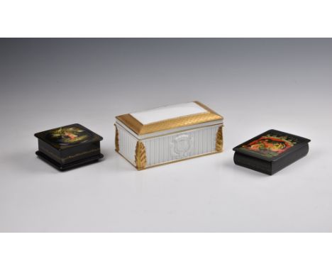 Two Russian black lacquered boxes, late 20th century, one of square form, signed and inscribed, 3½in. (8.9cm. square); the ot