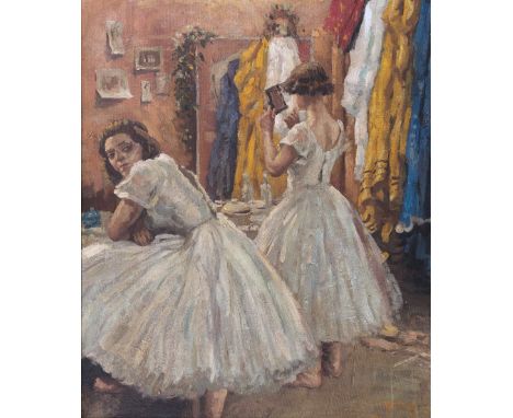 Continental, 1930s, The Dressing Room. oil on canvas laid on board, signed with initials lower right “F.H.”, painted swept fr