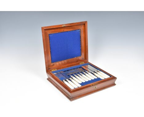 A mahogany cased set of mother of pearl handled silver plated knives and forks for eighteen settings, Charles Ellis &amp; Co,
