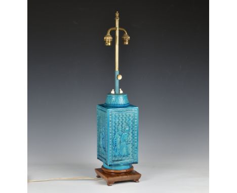 A Chinese turquoise glazed vase of cong shape, 20th century, moulded on each of the four sides with pairs of scholarly figure