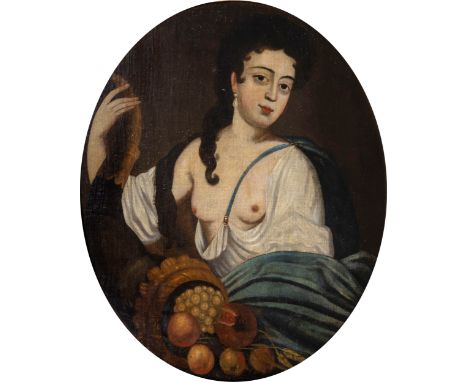 Follower of Sir Peter Lely (British, 1618-1680), Portrait of a Woman holding a Cornucopia with a Cascade of Fruit. * oil on c