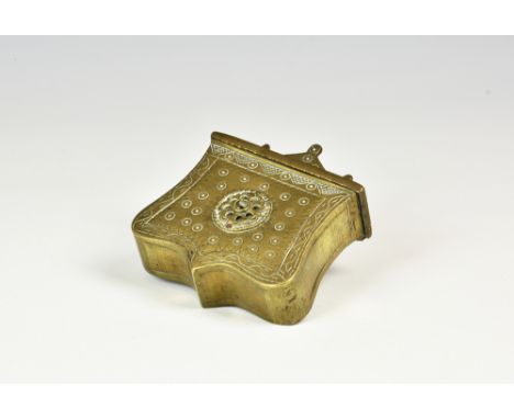 An Ottoman brass cartouche form palaska cartridge box / case, probably 19th century, with chased scroll and tooth borders, ce