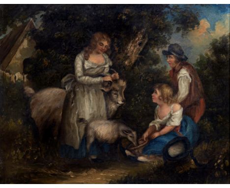 after George Morland (British, 19th century), Children feeding goats. oil on canvas, unsigned, gilt foliate hollow frame. 10¾