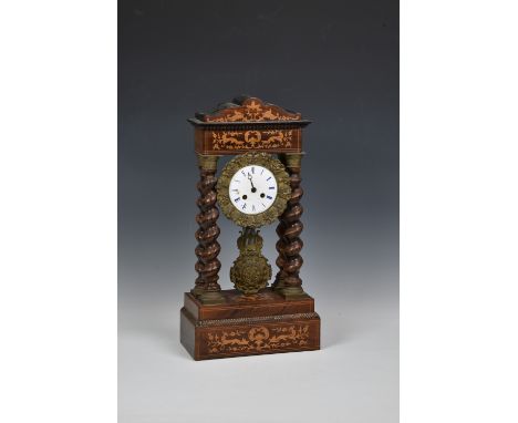 A 19th century French rosewood, faux-rosewood and marquetry portico clock by Troup à Paris, the signed, 4in. white enamel dia