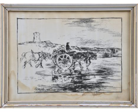 Edmund Blampied R.E., R.B.A. (Jersey, 1886-1966), Vraicing off a Martello Tower, Jersey, lithograph, signed in the print and 