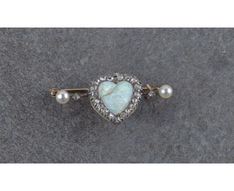 A Victorian gold, opal, pearl and diamond heart bar brooch, in the original fitted case, 32mm .long, opal cracked, faults.. 