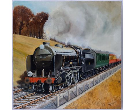 Joe Townend, (British b. 1946), Schools Class 4-4-0 Engine 30916. oil on canvas, signed lower right, unframed. 19¾ x 19¾in. (