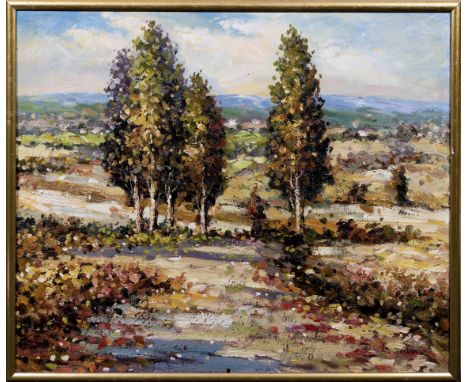 K Zwart (late 20th century), Poplars in a Landscape. oil on board, signed indistinctly lower right, framed. 19¾ x 23¾in. 50.2