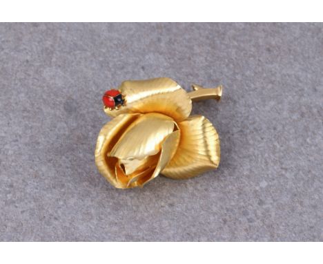 A vintage Cartier 18ct gold rose and ladybird brooch, signed ‘Cartier France’, stamped serial numbers to centre of back, Fren