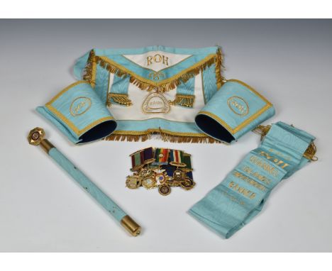 A case of R.A.O.B. regalia including jewels, including four silver gilt jewels with ribbons, plus gilt metal examples, a bato