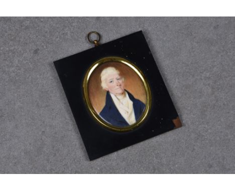 English School, early 19th century, Oval Portrait Miniature of a Gentleman in a blue coat, watercolour and gouache, early 19t