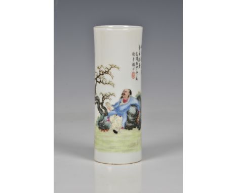 A finely enamelled Chinese famille rose porcelain sleeve vase or brush pot, blue enamelled Qianlong four character seal mark 