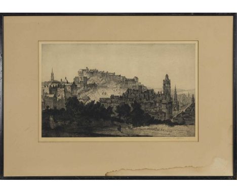 ANDREW F AFFLECK (BRITISH 1874 - 1935),EDINBURGH CASTLEetching on paper, signed image size 29cm x 47cm, overall size 52cm x 7