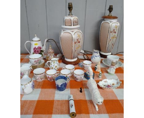 A Royal Doulton white cat 18cm, Spode coffee set, other ceramics including two lamp bases. 