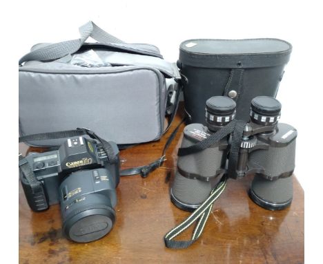 A Canon T80 camera with handbook and Miranda 10x50 binoculars in case (2) 
